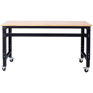 Wide Rolling Workbench For Garage, Adjustable Height, Workshop Tool Bench, Metal With Rubber Wood Top