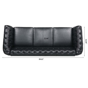 84.65" Black PU Rolled Arm Chesterfield Three Seater Sofa