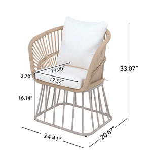 Outdoor 5-Piece Dining Set - Rectangular Teak Wood Table + 4 Wicker Chairs with Cushions