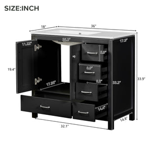Bathroom Vanity With Ceramic Sink Combo, Abundant Storage Cabinet 2 Soft Close Doors And 5 Drawers