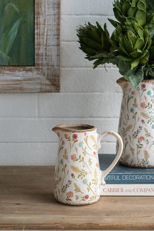 6.3x4.5x7.1' Round Ceramic Pitcher Vase with Multi-Colored Floral Motifs