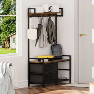 Hall Tree With 2 Movable Drawers, Shoe Storage, Shelves, Garment Racks, And 23 Hooks For Entryway - Rustic Brown