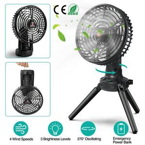 Foldable Camping Fan with Emergency Power Bank 270¡ Oscillating Rechargeable Tripod Fan for Hiking Fishing Personal Desk Fan with 4 Speeds 3 Brightnes