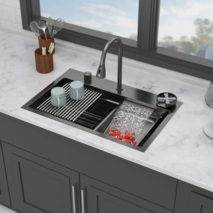 Drop In Waterfall Kitchen Sink With Pull-Out Faucet & Cup Washer
