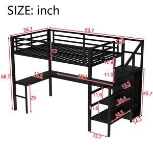 Full Size Loft Bed with L-Shaped Desk and USB