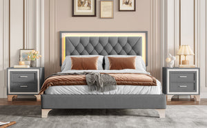 3-Pieces Bedroom Set, Queen Size Upholstered Platform Bed with LED Lights and Two Nightstands - Gray