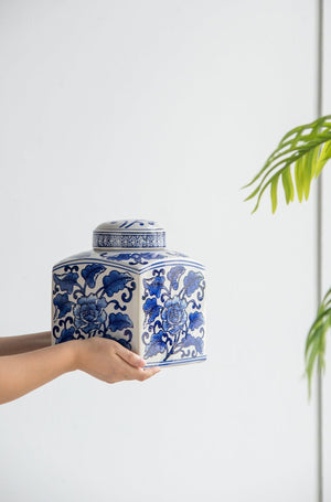 5x5x8' Hand Painted Square Canister with Blue and White Floral Pattern