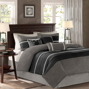 7 Pc Pieced Faux Suede Comforter Set Black Queen