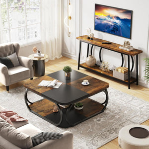 Square Coffee Table With Storage Shelf, 2 Tier For Living Room - Brown / Black