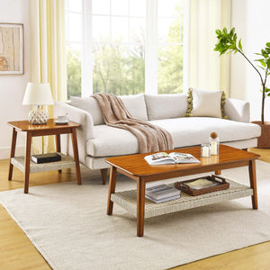 Mid - Century Square Side Table With Woven Shelf - Walnut