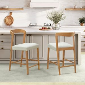 Solid Rubber Wood Counter Stools (Natural Oak + Beige) Set of 2