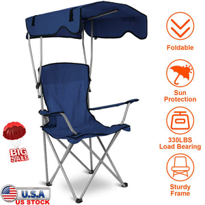 Foldable Beach Canopy Chair Sun Protection Camping Lawn Canopy Chair 330LBS Load Folding Seat w/ Cup Holder For Beach Poolside Travel Picnic