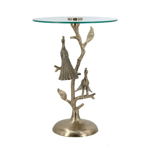 Gold Peacock Side Table with Round Glass Top