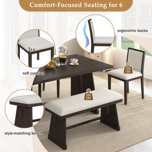 Dining Set With Rectangular Table, 4 Upholstered Chairs & 1 Padded Bench