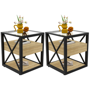 Set of 2 Modern End Tables with Drawer - Nightstands for Bedroom & Living Room