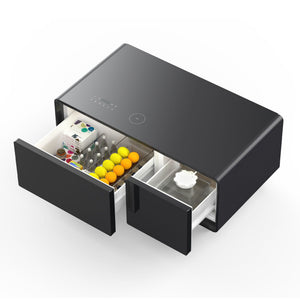 Modern Smart Coffee Table With Built-In Fridge - tooth Speaker, Wireless Charging, Touch Control Panel, USB Interface, Outlet Protection, Atmosphere Light