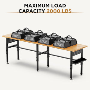 Adjustable Workbench, Side Pegboard, 4 Height Settings, Power Outlet, Storage Box, Wheels Or Leveling Feet - Black