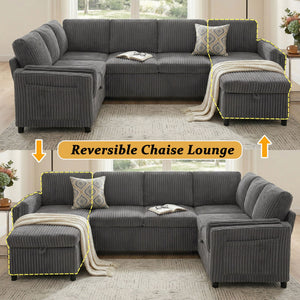 Convertible U-Shaped Sectional Sofa Bed With USB Ports And Storage