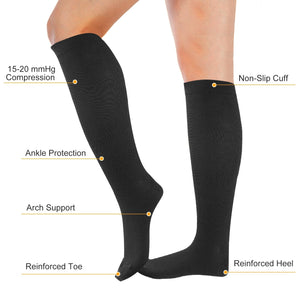 Unisex Compression Socks 15-20 mmHg Graduated Support Sports Fitness Socks for Running Athletic Circulation Recovery Polyester Solid Black