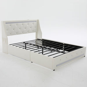 Wingback Upholstered Bed Frame With LED Lights, Charging Station