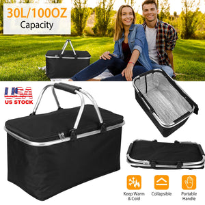 30L Insulated Picnic Basket Cooler Collapsible Food Delivery Storage Bag Grocery Market Basket Heat & Cool Insulation w/ Aluminum Handles