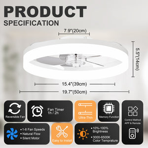 19.7'' LED Ceiling Fan Light with Remote & App Control, 6 Speeds, Dimmable, 3000K-6500K, Flush Mount