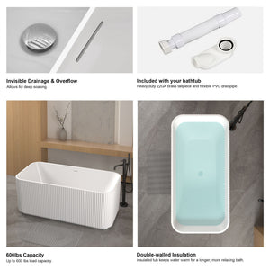 Rectangle Linear Freestanding Soaker Tub With Pop Up Drain, Double Wall Insulated Construction - Gloss White
