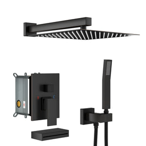 Square Shower System With Waterfall Tub Spout And Rough In Valve, Wall Mounted