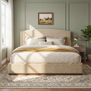 King Size Upholstered Bed Frame With Velvet Fabric Thick Headboard, Solid Wood Base, Camel