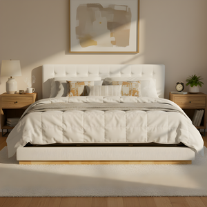 Solid Rubber Wood Platform Bed with Upholstered Headboard