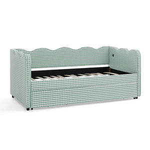 Cozy Gingham Daybed with Trundle Twin Size Sofa Bed No Box Spring Needed