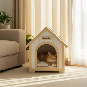 Indoor Dog House With Cushion Pet House For Small Dogs & Cats - Creamy White / Light Yellow