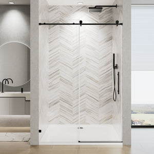 Frameless Single Sliding Soft Close Shower Door, 5 / 16" Clear Nano Coated Tempered Glass And 304 Stainless Steel Handle - Matte Black