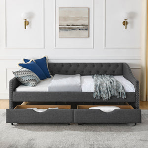 Upholstered Tufted Daybed With 2 Drawers, Waved Arms
