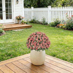 Artificial Rose Decoration With UV Resistant Silk Petals, Durable Stems In Cement Pot, Indoor Outdoor Potted Floral Arrangement - Green / Pink