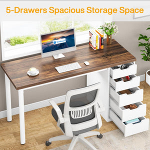 Computer Desk With 5 Drawers, Reversible Cabinet Design