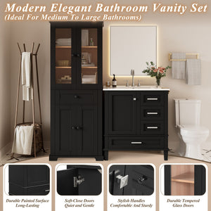 Bathroom Vanity & Tall Storage Cabinet Set With Doors, Adjustable Shelves, Soft Close Hinges, Sink