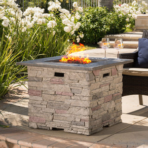 Classic Design Square Fire Pit With Top And 40,000 Btu Heat Output - Stone Gray