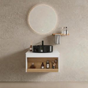 Floating Bathroom Vanity With Vessel Sink With Open Shelf Storage