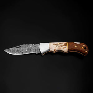 Echo Damascus Pocket Knife with Stag Horn/Antler & Rosewood Handle - TRAPSKI