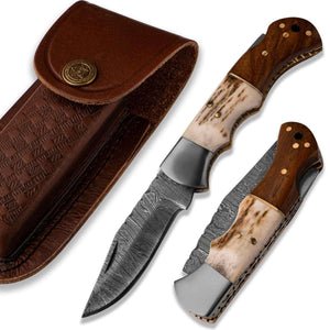 Echo Damascus Pocket Knife with Stag Horn/Antler & Rosewood Handle - TRAPSKI