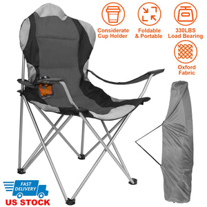 Foldable Camping Chair Heavy Duty Steel Lawn Chair Padded Seat Arm Back Beach Chair 330LBS Max Load with Cup Holder Carry Bag