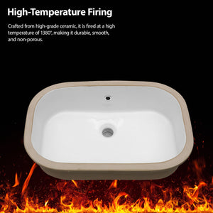 Undermount Bathroom Sink 22" X 15.25" With Overflow Sleek, High Temperature Fired, Stain Resistant, Smooth Polished Surface - White