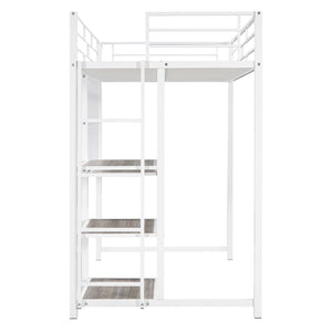 Metal Loft Bed With Desk, 3 Shelves And Ladder