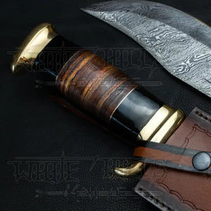 Edc Bowie Knife- Damascus Steel EDC 15”bowie knife rambo with Leather Roll & Buffalo Horn Handle