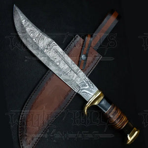Edc Bowie Knife- Damascus Steel EDC 15”bowie knife rambo with Leather Roll & Buffalo Horn Handle