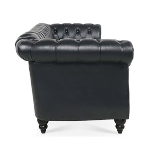 84.65" Black PU Rolled Arm Chesterfield Three Seater Sofa