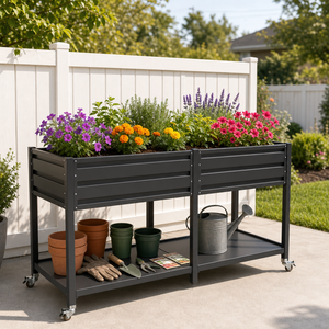 Dual Tier Elevated Metal Raised Garden Bed with Lockable Wheels & Lower Storage Shelf