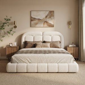 King Size Boucle Upholstered Platform Bed with Tufted Headboard