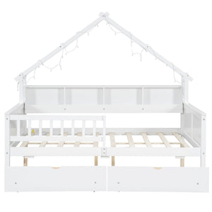 House Style Platform Bed With LED Lights, Storage Shelves, Drawers, And Guardrail